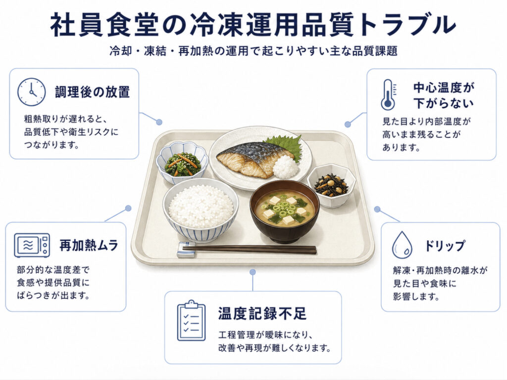 社員食堂の急速冷凍で調理後放置中心温度再加熱ムラ温度記録を確認する図解