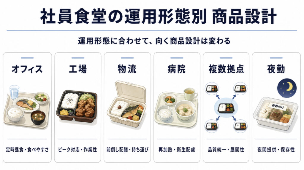 社員食堂のオフィス工場物流病院複数拠点夜勤向け冷凍運用を比較する図解