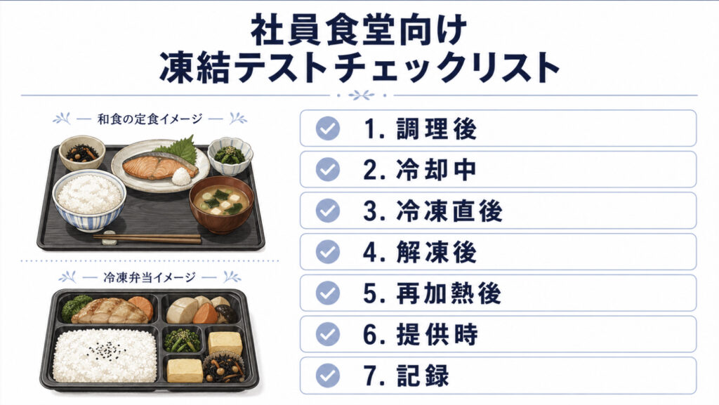 社員食堂の凍結テストで調理後冷却中冷凍直後解凍後再加熱後を確認するチェックリスト
