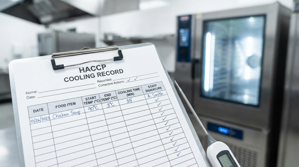 HACCPの重要管理点（CCP）として、ブラストチラーの冷却温度と時間を記録した衛生管理表。