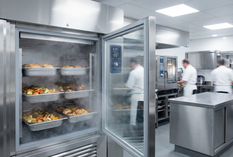 業務用ブラストチラーが厨房で稼働し、調理後の食品を急速冷却している様子