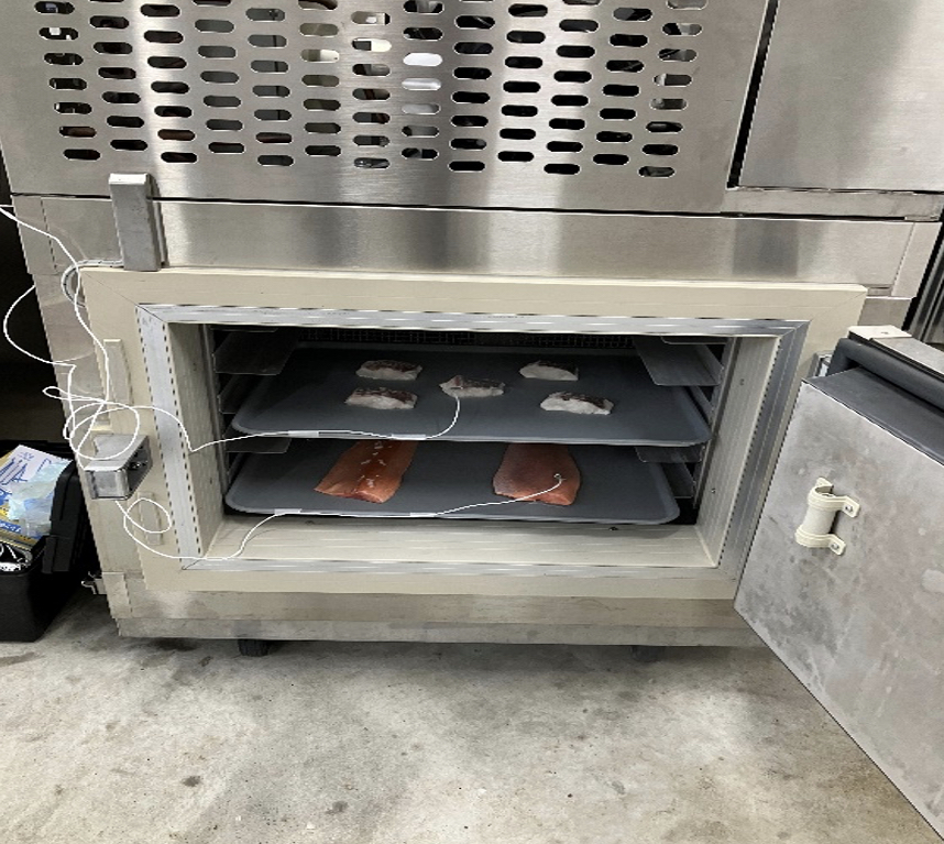 3Dフリーザー出張デモ機の中に投入されたトライに並べられた2枚の冷凍後の鮭フィレ