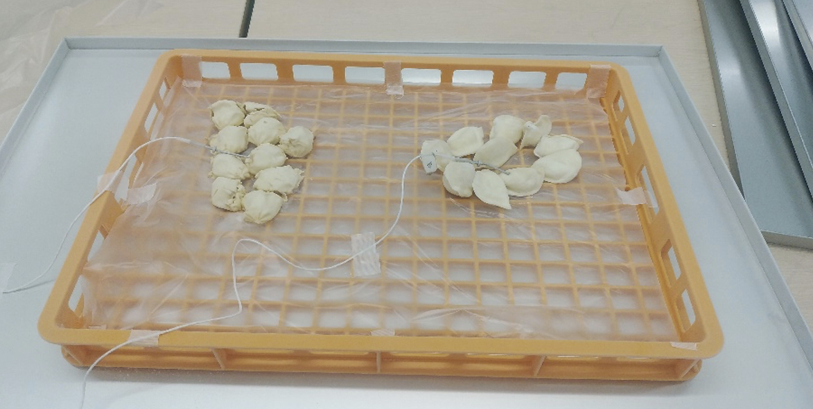 アルミトレー内のオレンジ色の番重に白っぽい丸形と半月形の点心を左右へ分け、透明シート越しに温度センサー線が伸びる上面写真