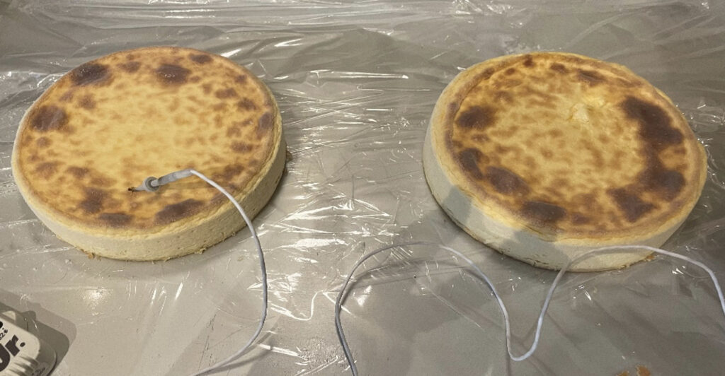 急速冷凍されたトレイに置かれたチーズケーキホール