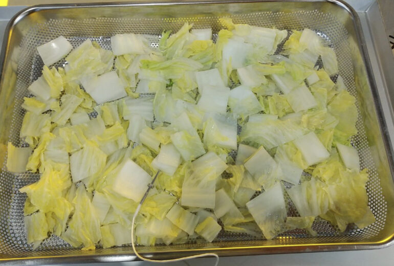 トレーに盛り付けられたボイル後の白菜
