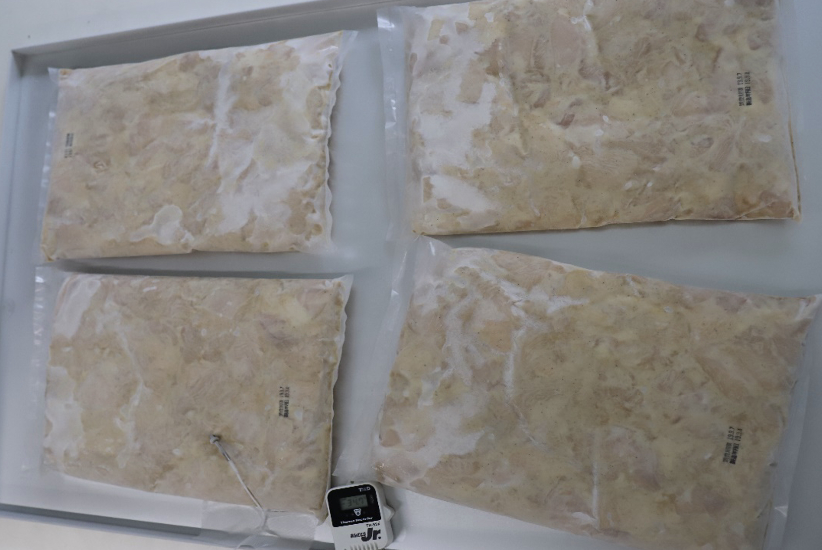 トレーに霜の付いた透明袋入り鶏肉パック4袋を並べ、手前左の袋へ温度センサーを差し込んだ凍結後の様子