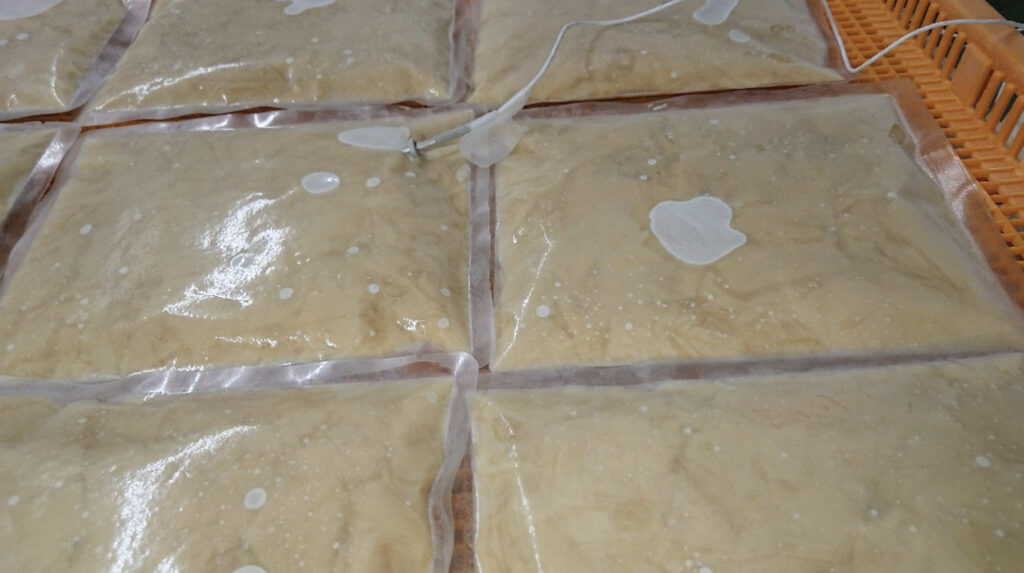 急速冷凍された番重に並べられた湯葉パック