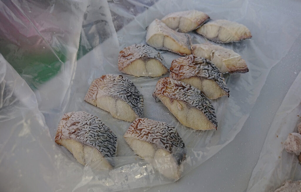 トレーの上にたくさん乗った急速冷凍された焼き鯖