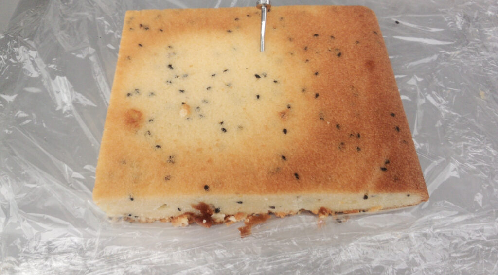 ラップの上に置かれた白あんとごまのケーキ