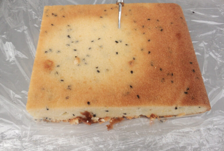 ラップの上に置かれた白あんとごまのケーキ
