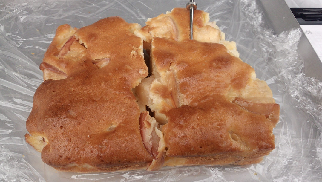 透明なシートを敷いたトレー上に大きく切り分けたりんごケーキを置き、焼き色の付いた表面から中心部へ金属製の温度センサーを差した凍結前の写真