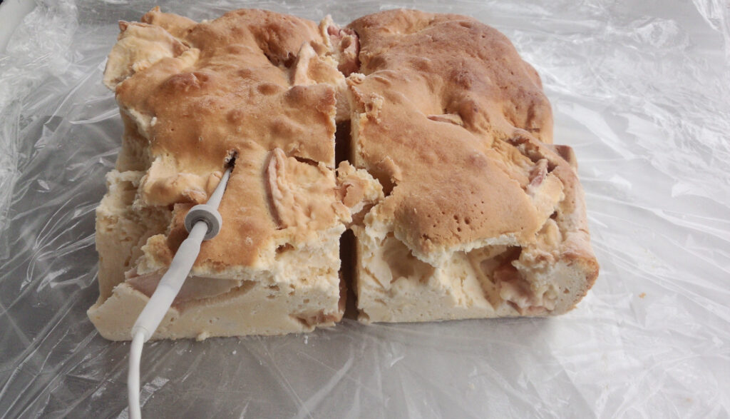 急速冷凍されたトレーの上に乗ったりんごケーキ