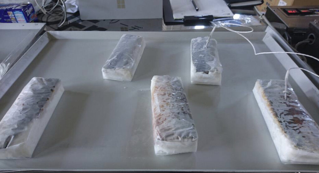 急速冷凍されたトレーの上にのせられた焼き鯖寿司