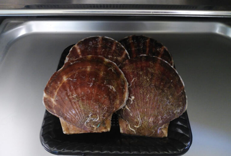 トレーの上にのせられたホタテ殻つき