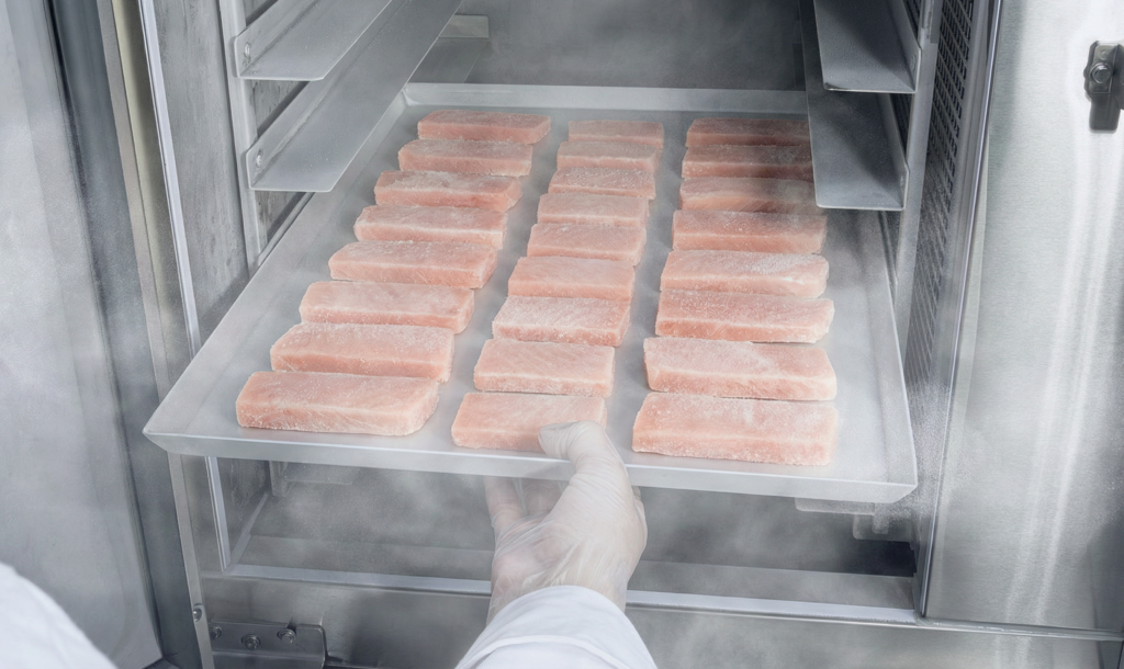 急速冷凍機の中でマグロが急速冷凍されている