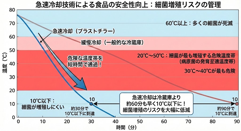 食品が細菌の繁殖しやすい温度帯(約10℃~60℃)の図