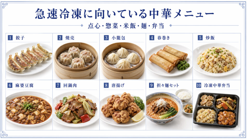 急速冷凍に向いている餃子や焼売や炒飯や中華惣菜などの中華メニュー