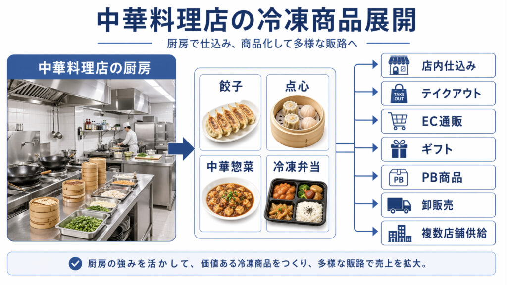 中華料理店の冷凍商品を店内仕込みや通販やPBや卸販売へ展開する流れ