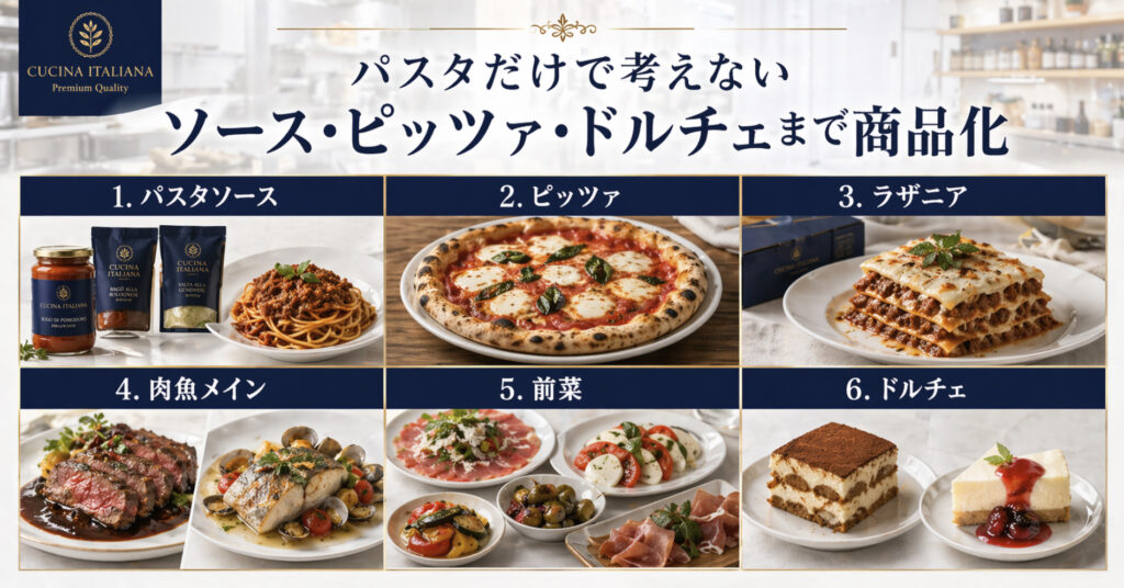 イタリアンのパスタソースピッツァ肉魚料理ドルチェを急速冷凍する商品カテゴリ図解