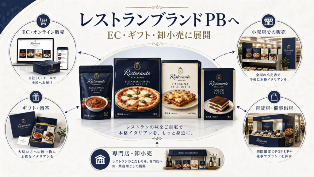 イタリアンレストランの冷凍PB商品をECギフト卸小売へ展開するイメージ