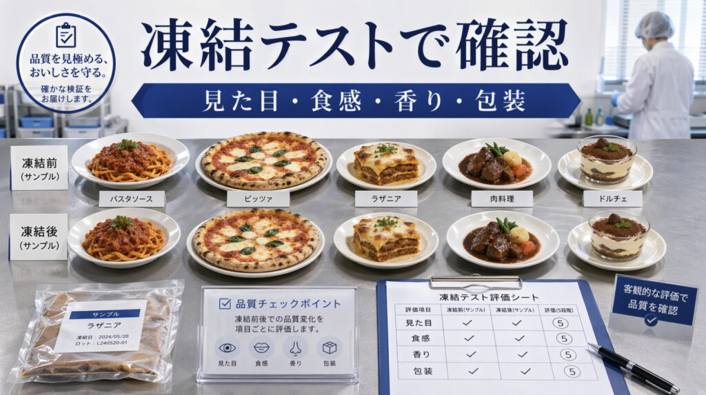 イタリアン料理の凍結テストで見た目食感香り包装を確認するイメージ