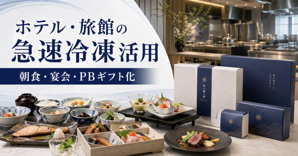 ホテルと旅館の料理を急速冷凍で仕込み平準化し宿ブランドPB化するイメージ