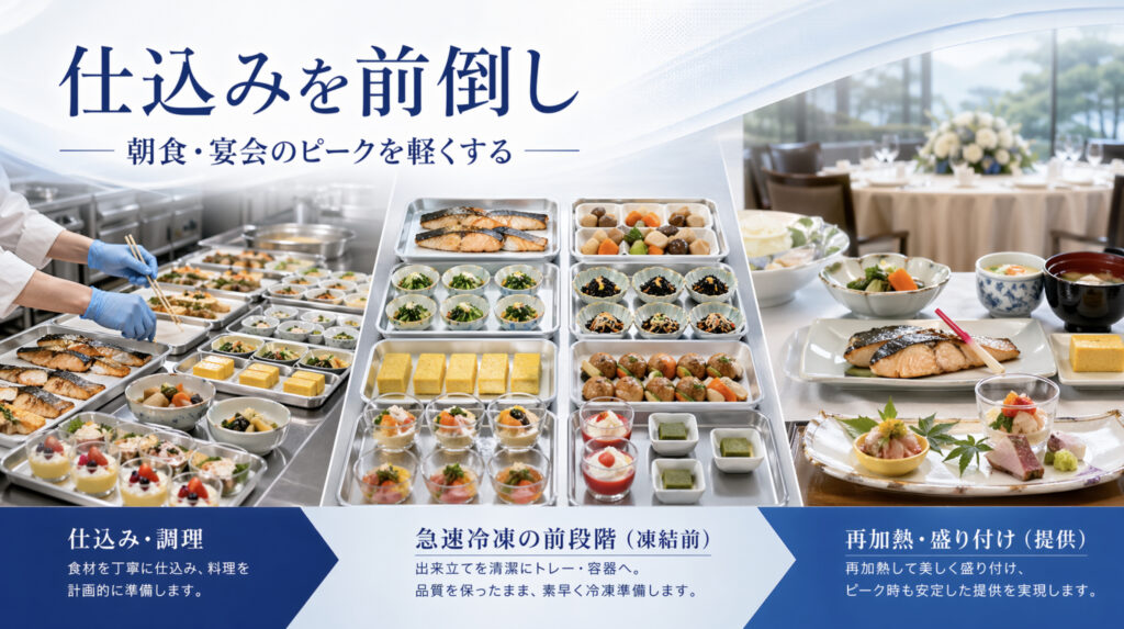 ホテル旅館の朝食と宴会料理を事前仕込みして急速冷凍するイメージ
