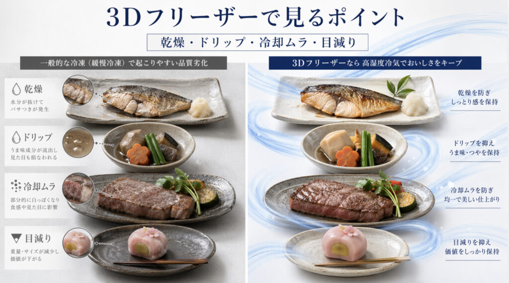 ホテル旅館の料理で3Dフリーザーが乾燥ドリップ冷却ムラ目減りを抑えるイメージ