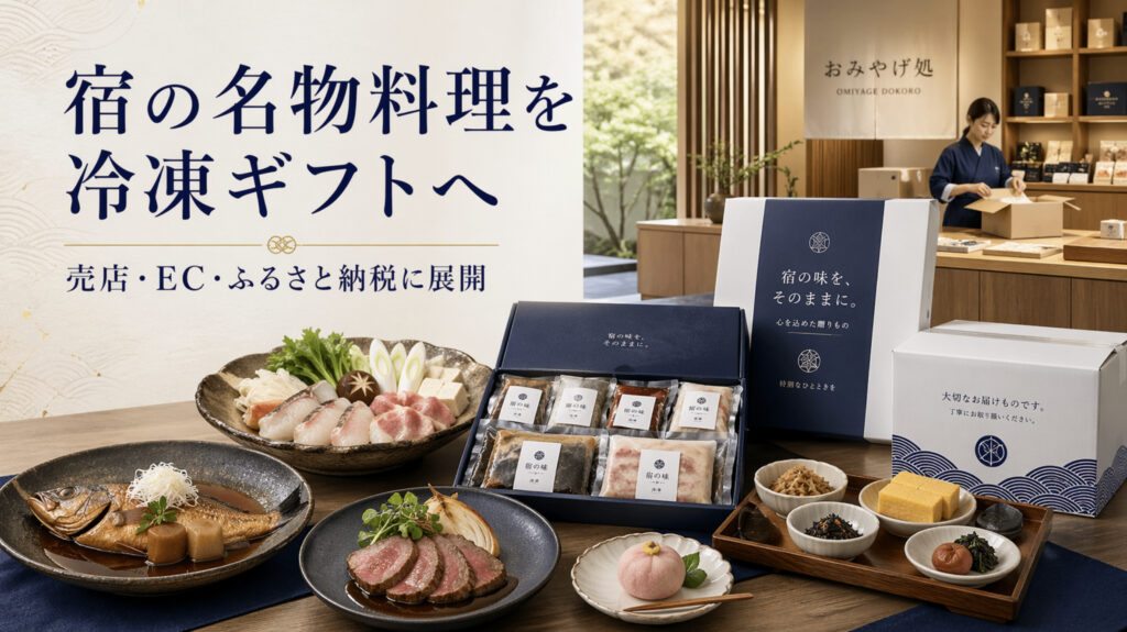 旅館の名物料理を冷凍ギフトと通販商品に展開するイメージ