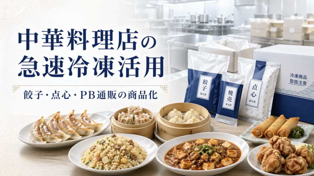中華料理店の餃子や点心を急速冷凍でPB商品や通販に展開するイメージ