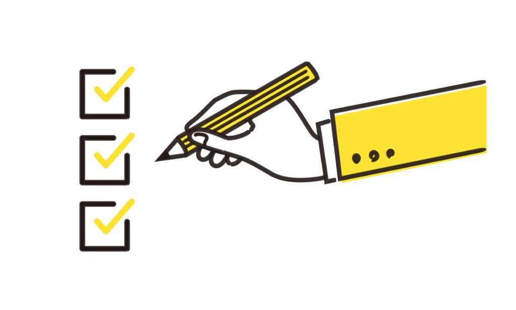 チェックイメージとペンを持つ手のイラスト