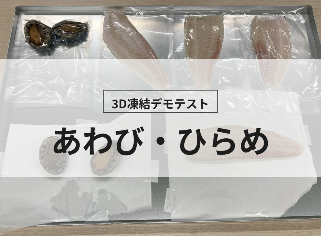 3D凍結デモテストに使用するあわび・ひらめ（冷凍前）の写真
