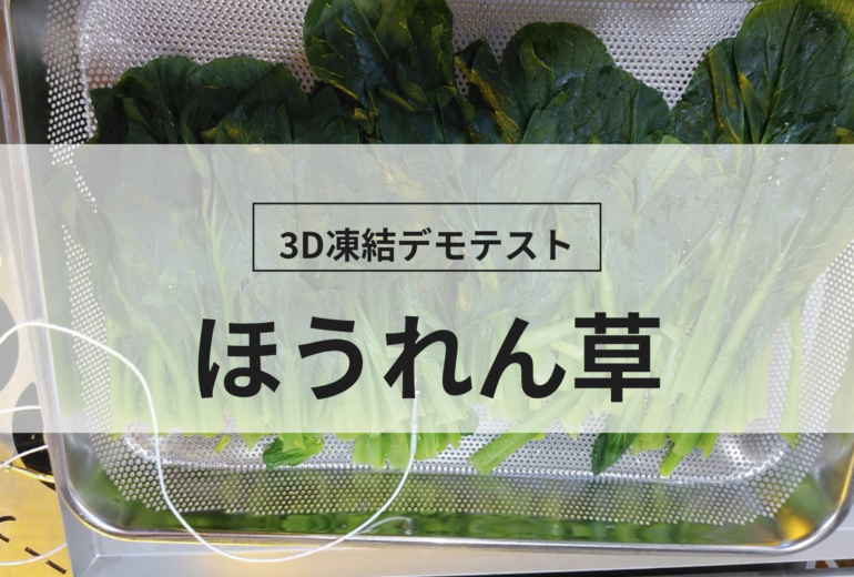3D凍結デモテストに使用するほうれん草（冷凍前）の写真