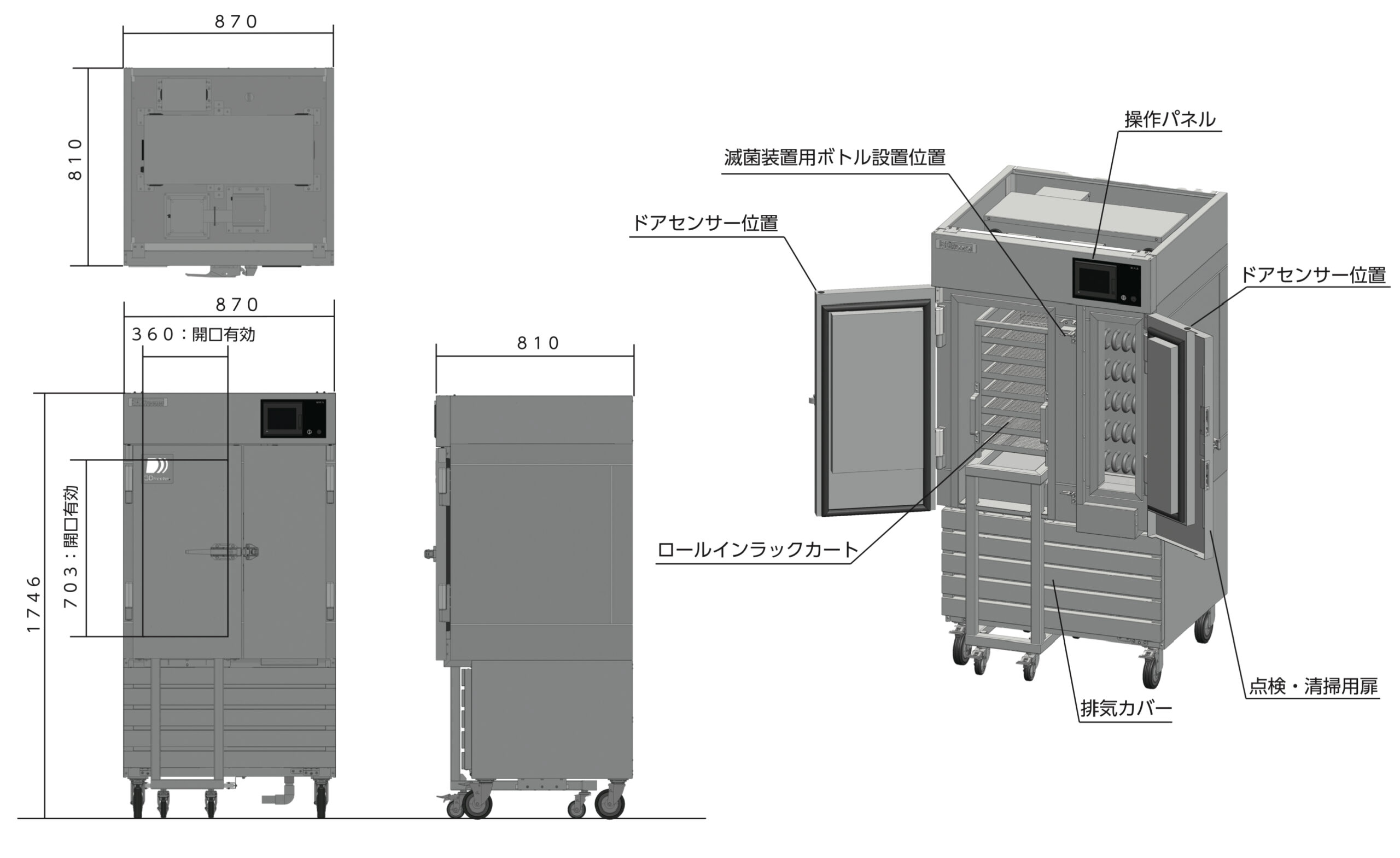 3Dフリーザー モービルラックタイプ KOF-10BR-300B｜寸法図面・外形サイズ