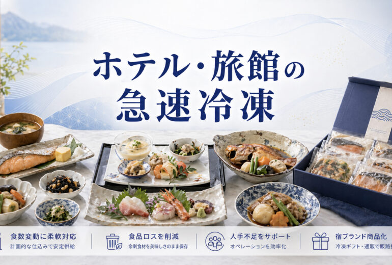 ホテルと旅館の料理を急速冷凍で仕込み平準化し宿ブランドPB化するイメージ