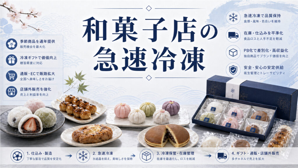 和菓子店の急速冷凍で大福や団子や上生菓子を品質維持するイメージ