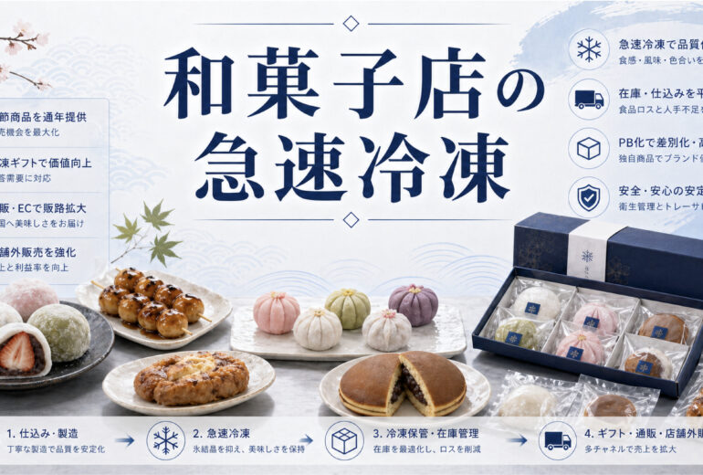 和菓子店の急速冷凍で大福や団子や上生菓子を品質維持するイメージ