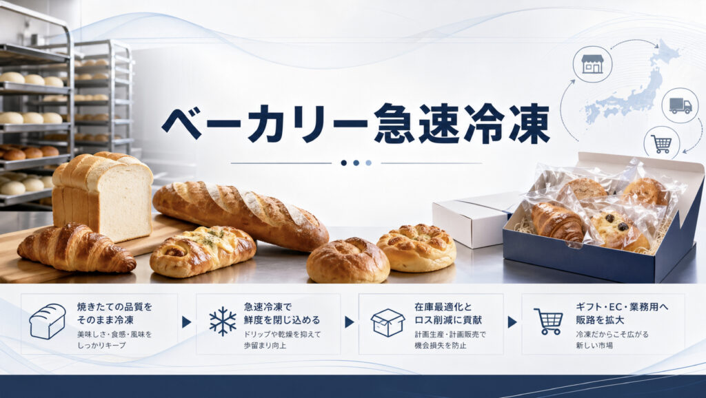 ベーカリーの急速冷凍で食パンやクロワッサンや惣菜パンの品質を保つイメージ