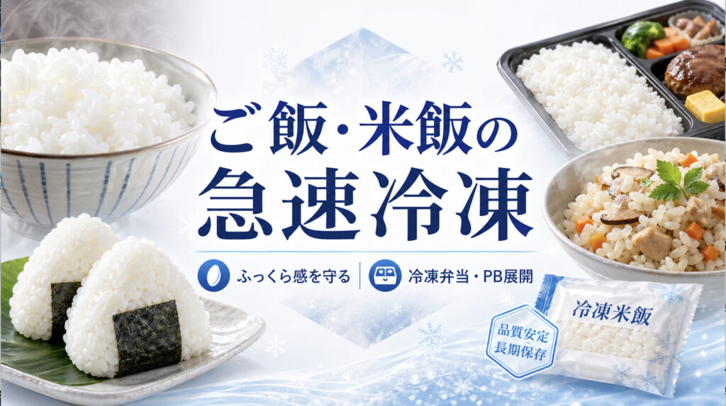 ご飯やおにぎりや冷凍弁当を急速冷却・急速冷凍して商品化するイメージ