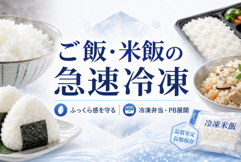 ご飯やおにぎりや冷凍弁当を急速冷却・急速冷凍して商品化するイメージ
