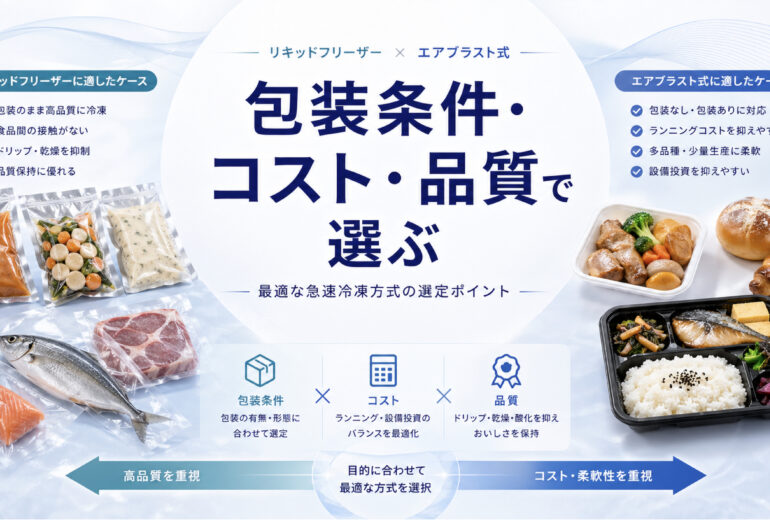 リキッドフリーザーとエアブラスト式の違いを包装条件と3Dフリーザーで比較する図