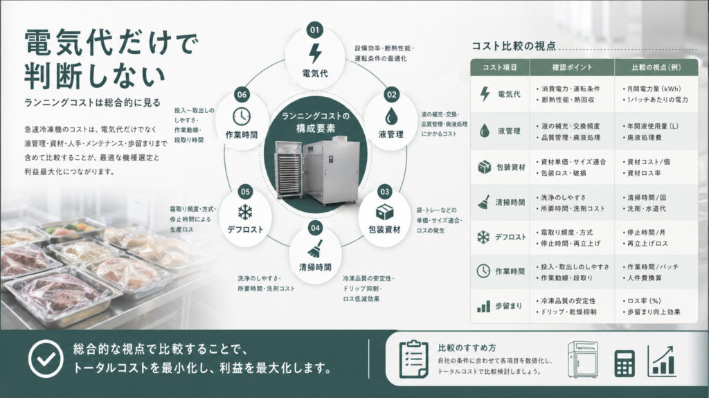 リキッドフリーザーとエアブラスト式のランニングコストを比較する資料図