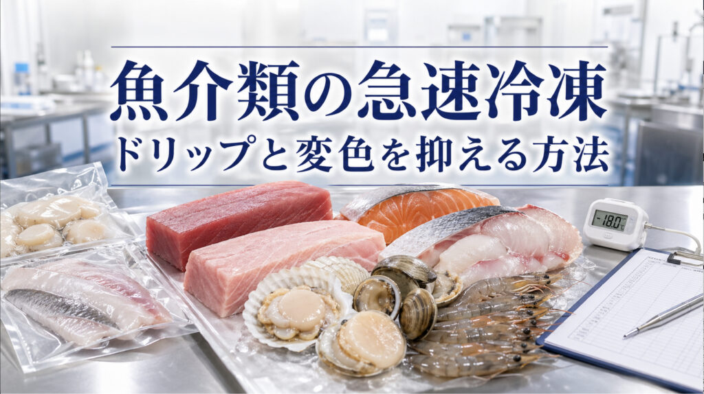 魚介類の急速冷凍で刺身用サクや貝柱の鮮度を保つ工程イメージ