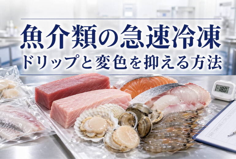 魚介類の急速冷凍で刺身用サクや貝柱の鮮度を保つ工程イメージ