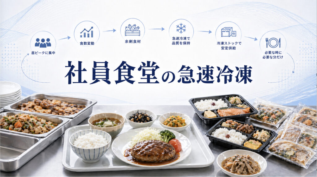 社員食堂の急速冷凍で昼ピークや食数変動や食品ロスを改善するイメージ