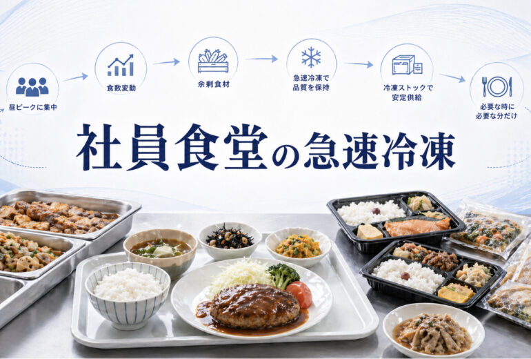 社員食堂の急速冷凍で昼ピークや食数変動や食品ロスを改善するイメージ