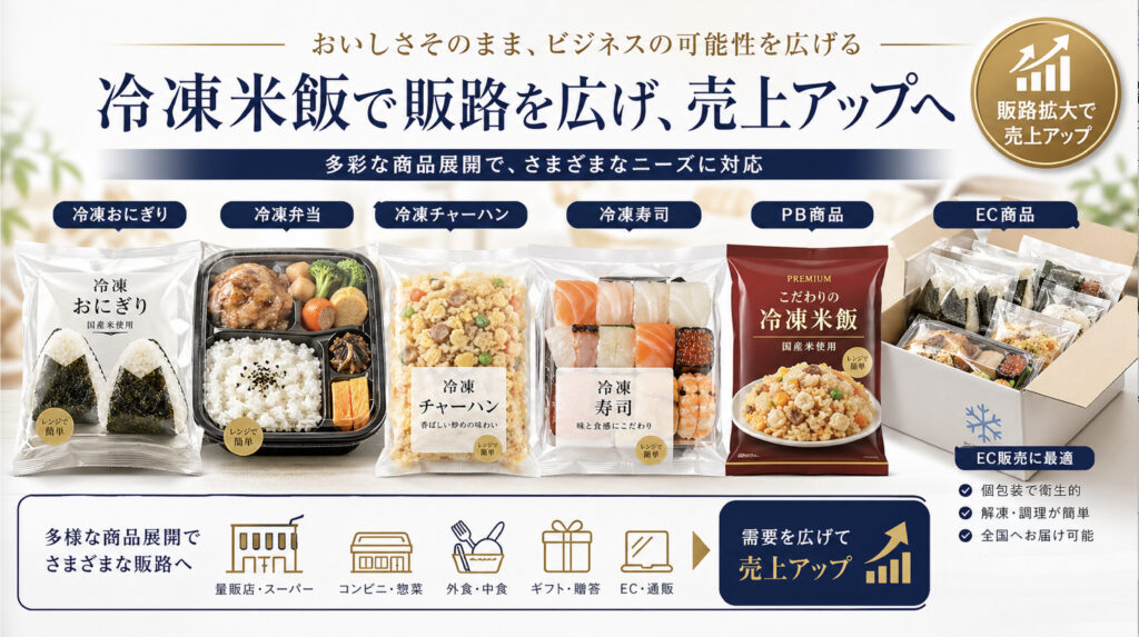 冷凍おにぎりや冷凍弁当や冷凍米飯をECやPB商品へ展開するイメージ