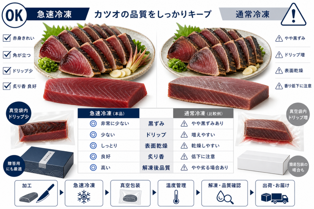 急速冷凍と通常冷凍でカツオの黒ずみ、ドリップ、表面乾燥を比較した図