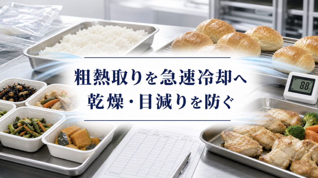 食品工場の粗熱取りを自然放冷から急速冷却へ切り替える工程イメージ