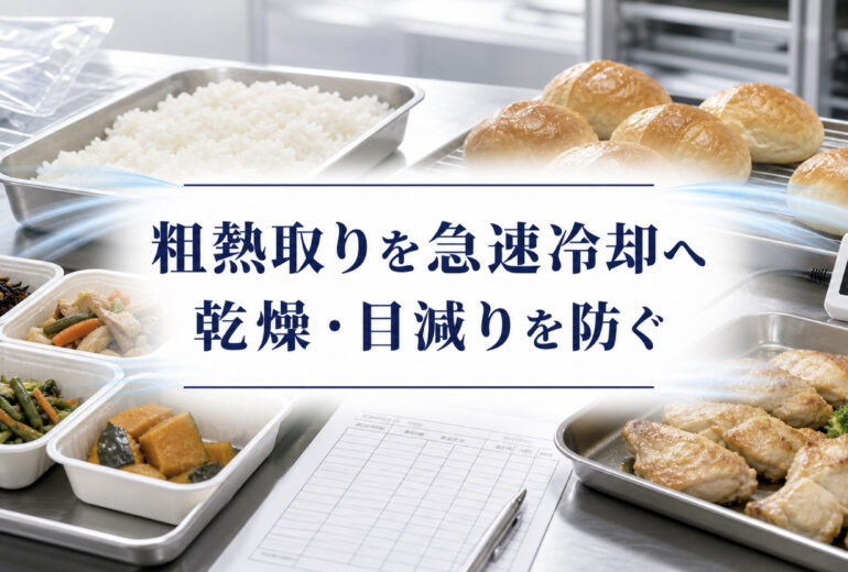 食品工場の粗熱取りを自然放冷から急速冷却へ切り替える工程イメージ